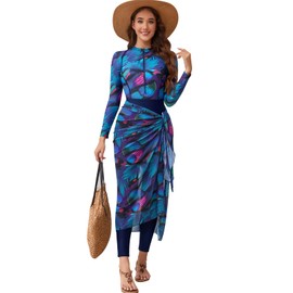 IDOPIP Muslim Burkini Swimsuit for Women's One Piece Swimsuit with Beach Skirt+Cover up Sarong+Pants 4PCS Islamic Bathing Suit Floral Print Swimsuits Ruffle Monokini Swimwear Navy Blue Print L