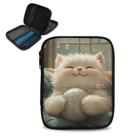 Tiasarato Zippered Crochet Hook Case Portable Travel Crochet Hook Organizer Bag Storage Pouch Cat and Yarn Print for Beginners Women Adults Crochet Lovers