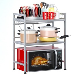 PUSDON Microwave Oven Rack, Adjustable Shelf Organizer 3-Tiers with 3 Hooks, & 160lbs Capacity for Kitchen Counter, Silver Grey