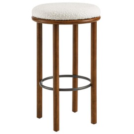 Modway Fable 30 Inch Backless Wood Bar Stools Set of 2 in Walnut Ivory - Upholstered Padded Boucle Round Barstool - 2Pc Bar Height Stools with Footrest