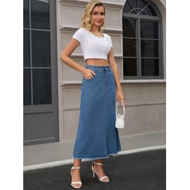 CIMUK Women Denim Skirt Maxi A Line High Waisted Raw Hem Casual Jean Skirt Small Blue