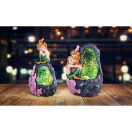 2-PC Mermaid with LED Faux Green Crystal Cave Statue Figurine Set 3"H and 5"H
