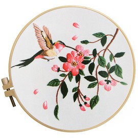 Generic Embroidery Kit for Adults Beginners Starter Stitch Kit with Flying Hummingbird Pink Flowers Pattern Handmade Needlepoint Kits, Onesize