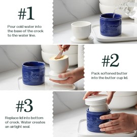 DOWAN Porcelain Butter Keeper Crock, French Butter Dish with Lid, Porcelain Honey Jar with Lid Honey Pot for Home Kitchen, Dishwasher Safe (Deep Blue)