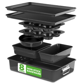 NutriChef 8-Piece Stackable Nonstick Bakeware Set - Premium Steel Baking Pans Set - Includes Round Cake Pan, 6-Cup Muffin Pans, Wide/Square Brownie & Loaf Pans, Cookie Sheet, & Roaster Pan (Black)