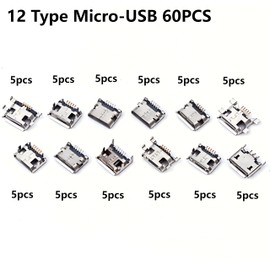 ProCircFix 60-Piece Set of 12 Types of Micro USB Female connectors, Including Soldering Flux, 5-pin sockets, USB Replacement adapters for Mobile Phone/Welding Maintenance.