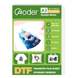 Aoder DTF Transfer Film A3(11"×17")50 Sheets, Double Side Matte DTF Film, Clear PreTreat PET Transfer Paper for T-Shirts Textile, Cold Peel A3 DTF Transfer Film for Epson Inkjet Printer