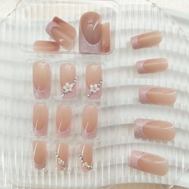 Press on Nails Medium Long 3D Flower Fake Nails Press ons Pink French Tip Square Bling Glossy Rhinestone False Nail Tips Artificial Nails Manicure Glue on Nails for Women Girls 24 Pcs