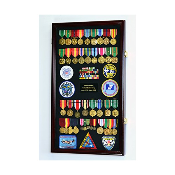 Large Military Medals, Pins, Patches, Insignia, Ribbons, Flag Display Case Cabinet, Cherry