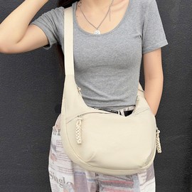 Micmores Crossbody Bag Women's Shoulder Bag, Nylon Shoulder Bag, Moon Bag, Stylish Crescent Moon Bag with Adjustable Shoulder Strap, Hobo Casual Handbag for Work, Travel, Everyday Use, Light Beige,