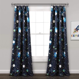 Lush Decor Universe Curtains | Outer Space Stars Galaxy Planet Rocket Pattern Light Filtering Window Panel Set for Living, Dining, Bedroom (Pair), Navy, 52" W x 84" L