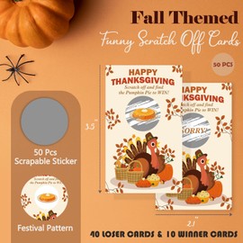 Gsauto Thanksgiving Scratch off Cards, 50 PCS Turkey Scratch off Stickers for Date Night Family Party Activity, Fall Raffle Tickets for Birthday Baby Shower Bridal Shower - A02