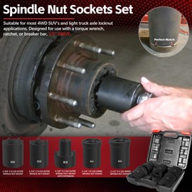 Spindle Nut Socket Tool Kit 5 Pcs Axle Hub Lock Nut Socket Set 1/2” Drive Wheel Drive Spindle Nut Remover Installer for Ford Dana 50/60, Chevy, and Dodge, Replace# 648636 Lug Out Spindle Socket Set