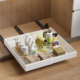 Mustorn 2 Pack Pull Out Cabinet Organizer Expandable, 21" Deep Slide Out Drawer for Cabinets Adhesive Pull Out Drawers Heavy Duty Pull Out Shelves for Kitchen, Cupboard, Pantry, Bathroom(White)