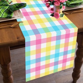 Linen Easter Blue Pink Yellow Buffalo Check Plaid Table Runner 72 Inches Long Spring Summer Holiday Farmhouse Table Decor for Dining Room Kitchen Home Party