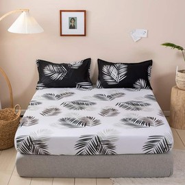 Leaves Bed Sheet Set Queen Decorative Luxury Leaf Print Bedding Set Botanical Plant White Black Fitted Sheet for Girls Teens Bedroom Decor Bed Cover with 2 Pillow Cases,Flat Sheet not Included