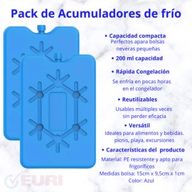 EURI | Pack of 2 | Ice Packs for Portable Fridge | Ice Plates | 200g | Blue | 15 x 9.5 x 1 cm |