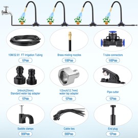 Automatic Drip Irrigation Kit 33FT - DIY Garden Watering System with 10Pcs 360° Adjustable Bendable Brass Mist Nozzles, Faucet Adapter, Hose & Cutters for Greenhouse Yard Cooling Humidifying
