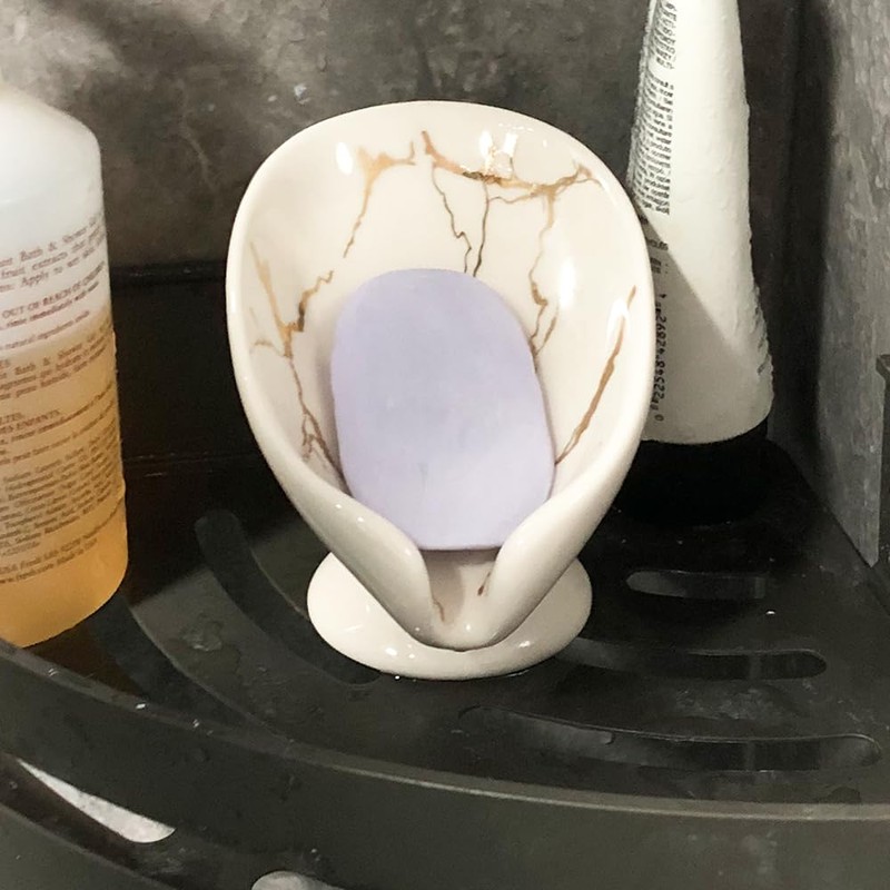 Alagoal Ceramic Soap Dish Elegant Marble Grain, Leaf Design, Self-Draining,Quick-Drying