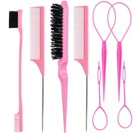 8Pcs Hair Brushes Set with 4Pcs Topsy Hair Tail Tools 1Pcs Bristle Teasing Hair Brush 1Pcs Edge Control Brush 2Pcs Metal Pin Rat Tail Combs for Woman Girl Hair Styling,Edge&Back Brushing Pink
