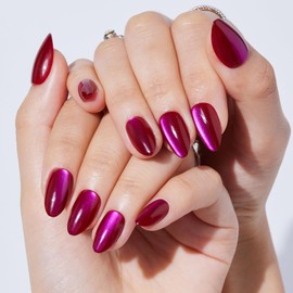 S.T. Friends Press On Nails - Christmas Berry Red Cat Eye Press On Nails Almond for Gifts,Glossy Red Short Stick On Nails with Glue, Reusable Nail Tips in 16 Sizes - 32 Fake Nails Kit