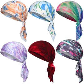 Geyoga 6 Pcs Women Head Scarf Pre-Tied Head Scarves Beanies Covers Cap Stretch Print Sleep Turban Hat Ruffle Beanie Scarf (Tie Dye)