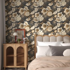Wallercity Golden/Black Peony Peel and Stick Floral Wallpaper Vintage Floral Contact Paper for Cabinets and Drawers Vinyl Self Adhesive Removable Vintage Wallpaper for Bedroom Shelf Liner 17.5''x102''