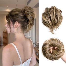 XIXISNOW Women's Messy Bun Hair Piece Synthetic Fake Bun Scrunchie Large Curly Buns Hairpieces Thick Instant Buns Ponytail Extensions for Updos, Chignons, Party and Daily Use Brown&Golden Highlight