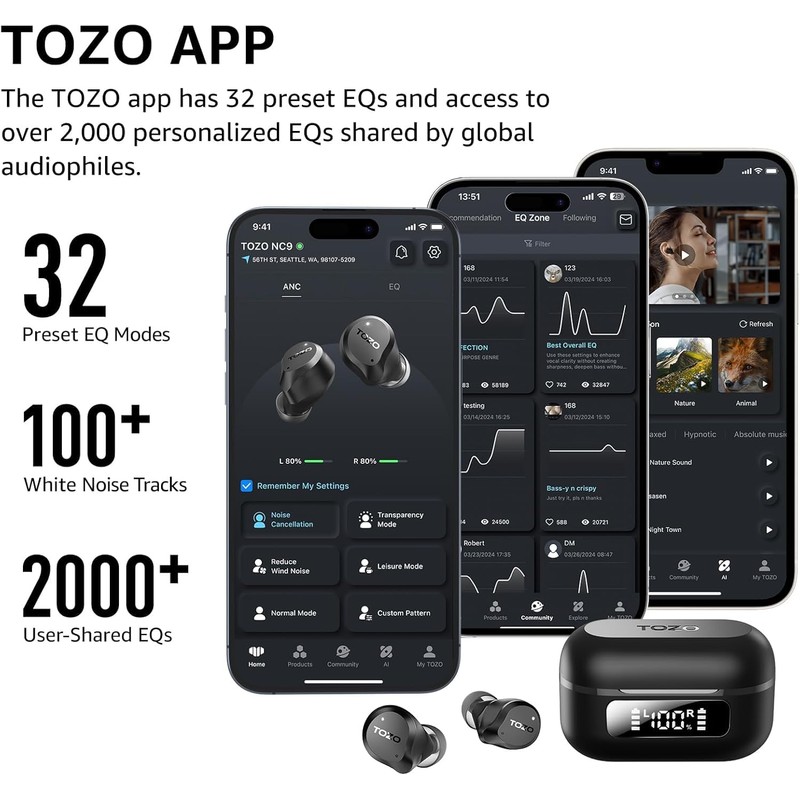 TOZO NC9 Hybrid Active Noise Cancelling Wireless Earbuds, 6 Mics