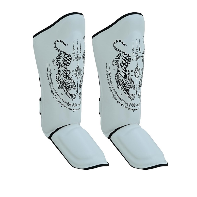 Playwell Matte White "Twin Tiger" Muay Thai Shin Guards -
