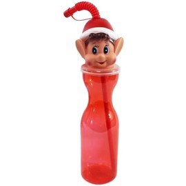 PMSINT Fun & Unique Clear Red Plastic Bottle With Elf Head On Top & Flexistraw - 500 ml - Durable Material - Perfect for Kids