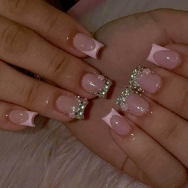 YoYoee 24-Piece Short Square Press on Nails - French Crystal Gem Design False Nails | Daisy Fake Nails for Women Elegant & Durable Artificial Nails for Instant Manicure