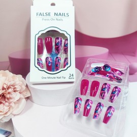 24Pcs Peacock Feather Press on Nails Rose Red Plume Stick on Nails Medium Coffin Acrylic Full Cover False Nails Glossy Blue Feather Eye Fake Nails Curve Line Gel Glue on Nails for Coquette Women Girls