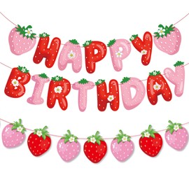 FBQ Strawberry Happy Birthday Banner Summer Berry Party Strawberry Theme Girl Birthday Party Decorations Supplies