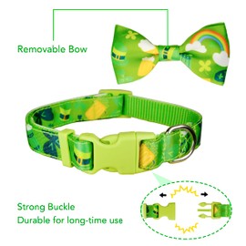 St. Patrick’s Day Dog Bow Tie Collar, Adjustable Green Shamrock Pattern Pet Collar with Detachable Bowtie, Festive and Comfortable for Small and Medium Dogs