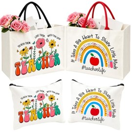 4 Pcs Teacher Appreciation Gifts for Women Bulk - Teacher Canvas Tote Bag with Makeup Bag Set, Thank You Gifts for Women Teachers from Students End of Term