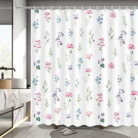 MEHOFOND Watercolor Floral Shower Curtain Pink Blue Flower Shower Curtains for Bathroom Greenery Modern Minimalist Plant Bathroom Decoration Waterproof Bath Curtain with 12 Hooks 72x72 Inch