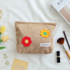 KWAMSOOK Latte Flower Makeup Bag For Women - Corduroy Cosmetic Bags Ladies Tote Bag, Women's Pencil Case, Handmade Makeup Organizer with Zipper, Yellow