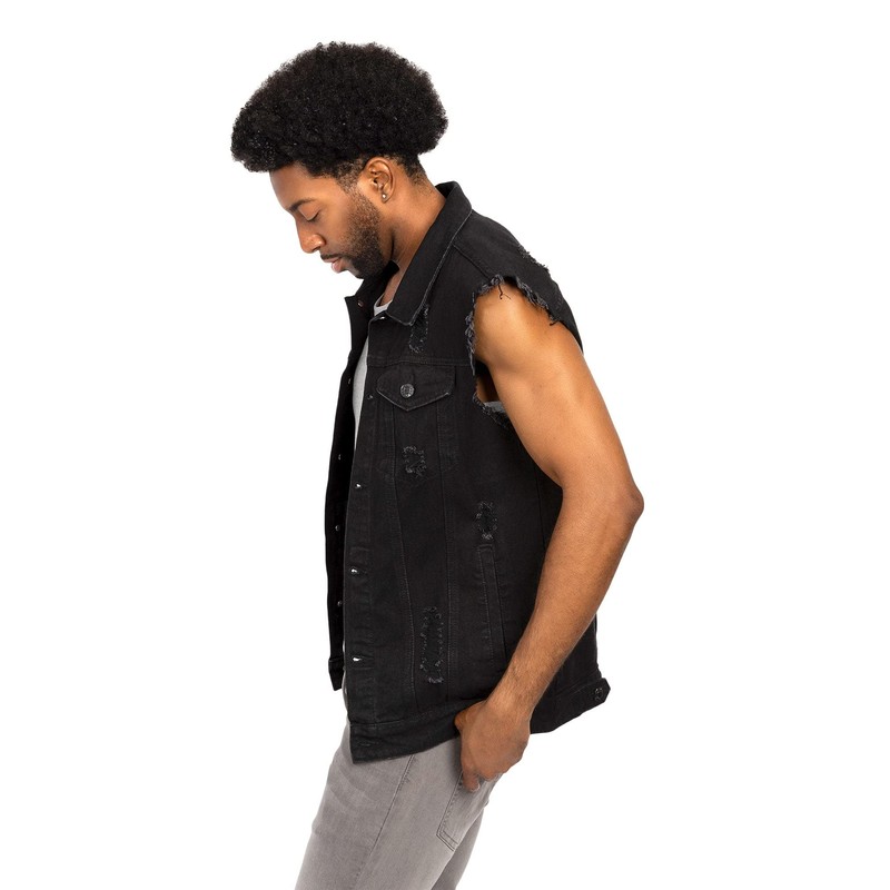 VICTORIOUS Distressed Denim Jean Vest Jacket DK101 - Classic Black