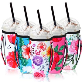 Chengu 5 Pack Iced Coffee Sleeve Flower Patterned Insulator Sleeves Reusable Sleeves for Coffee Neoprene Cup Holder for Cold Drinks Beverages Cup Sleeve with Handle, Fit 30-32 oz Cup(Fresh Style)