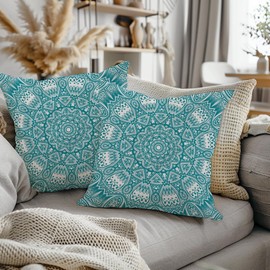 ggaimwf Moroccan Cushion Covers, 50 x 50 cm, Turquoise, Ethnic Boho Cushion, Indian Style, Abstract Mandala Arabesque, Meditation, Hippie, Modern Cushion Cover Throw for Sofa, Living Room, Set of 2