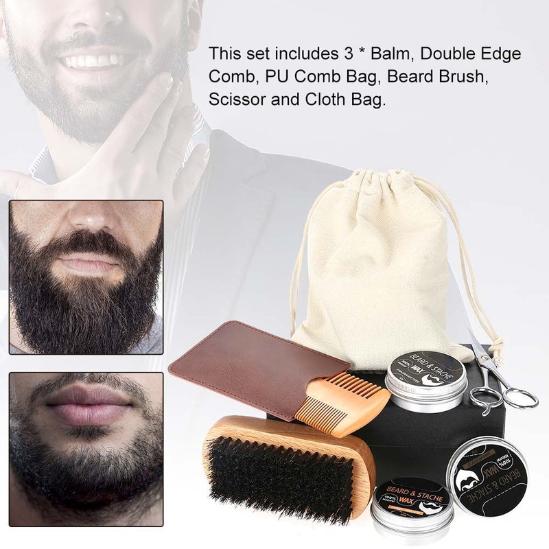3pcs Beard Care Kit Balm Comb Brush Scissor Comb Bag