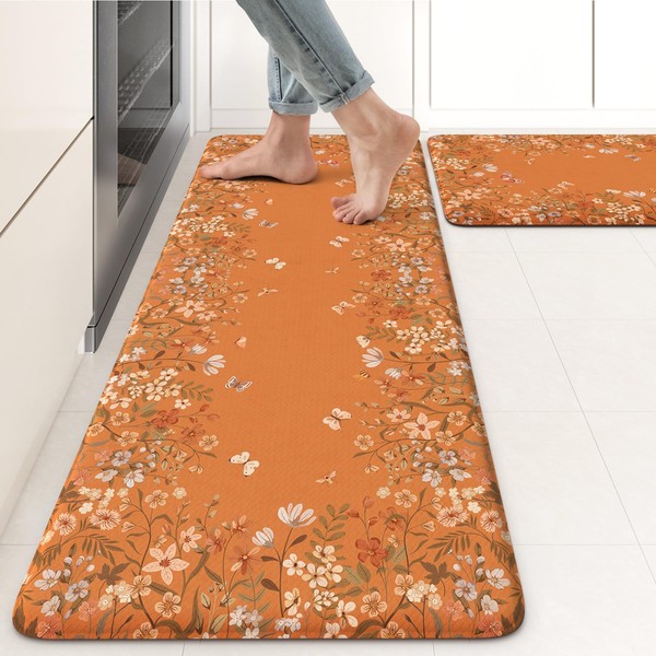 KIMODE Anti Fatigue Kitchen Mats Cushioned, Boho Floral Kitchen Rugs