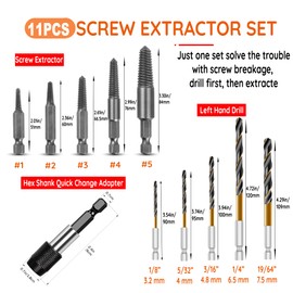 11 Pcs Screw Extractor and Left-Hand Drill Bit Set, Easy Out Broken Bolt Remover Reverse HSS Cobalt Drill Screw Extractor Kit, 1/4'' Adaptor,Ez Out Stripped, Rounded-Off, Damaged Broken Screw Bolts