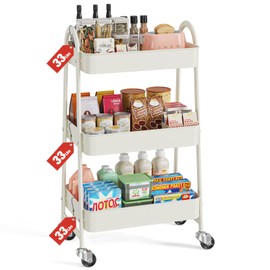 Sweetcrispy 3 Tier Rolling Cart with Wheels, Metal Utility Storage Carts, Kitchen Organizer Trolley Shelves, Mobile Shelving Unit for Bathroom Laundry Office Bedside, White