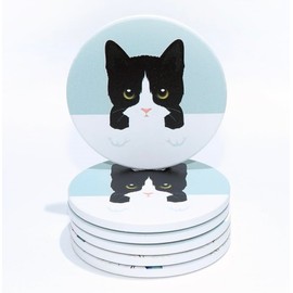 Set of 4 Ceramic Drink Coasters Cute Black And White Cat - Absorbent Cork Base - Heat Resistant - Non-Slip Base - Housewarming - Gift (Set of 6)