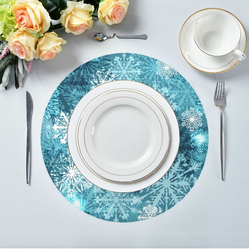 Christmas Placemats Teal Blue White Snowflake Round Placemats Set of