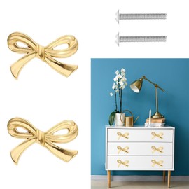 FUCIHOMA 2 PCS Brass Bow Shape Cabinets Knobs Gold Drawer Pulls Decorative Bow Cupboard Pull Handles for Home Kitchen Cabinet Hardware Cupboard Dresser Wardrobe
