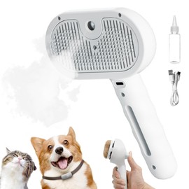 Cat Steam Brush, 3 in 1 Pet Spray Hair Removal Comb for Shedding & Grooming, Pet Grooming Brush with Spray, One-Click Release Button and Tank, Spritz Defur Comb for Cats Dogs, Effective (White)
