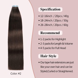 Sunya Tape-In Extensions Real Hair Dark Brown Tape Extensions Real Hair Extensions Natural Straight Skin Weft Invisible Remy Tape in Hair Extensions 30 cm 40 g / Pack 20 Pieces